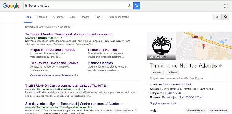La requête Timberland Nantes sur Google
