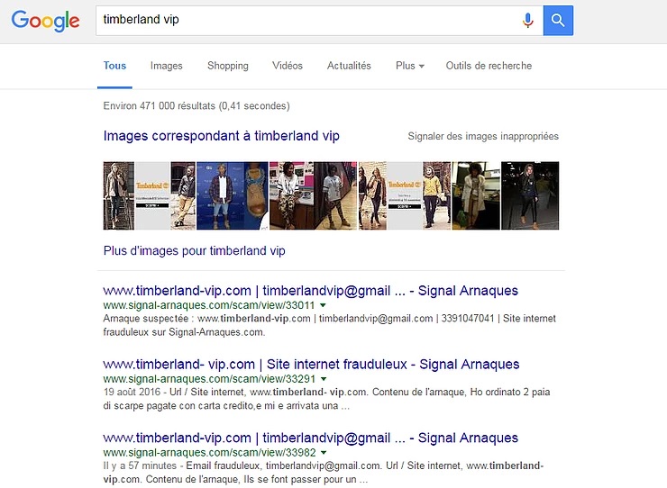 Timberland VIP un site d'arnaques Google